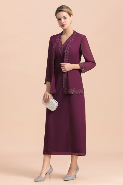 Grape Chiffon 2 Piece Mother of Bride Dress with Wraps Lace Appliques Wedding Guest Suits-newarrivaldress