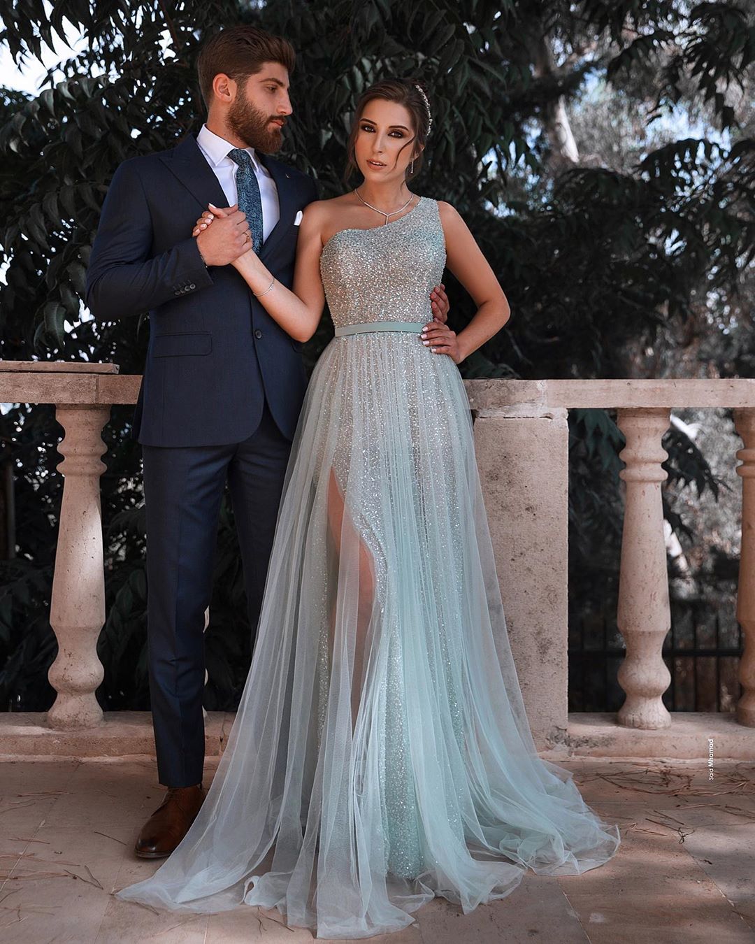 One Shoulder Shiny Sequins Belt Prom Dresses | Side Split Tulle Floor Length Evening Gowns-newarrivaldress