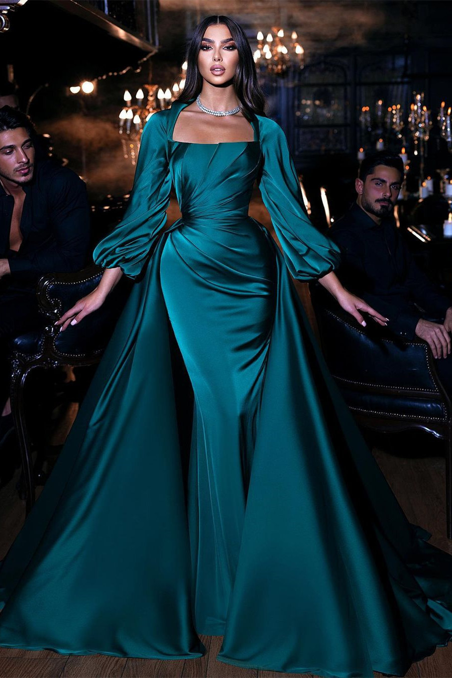 Charming Long Puffy Sleeves Ruched Satin Mermaid Prom Dress Evening Wear Dress-newarrivaldress