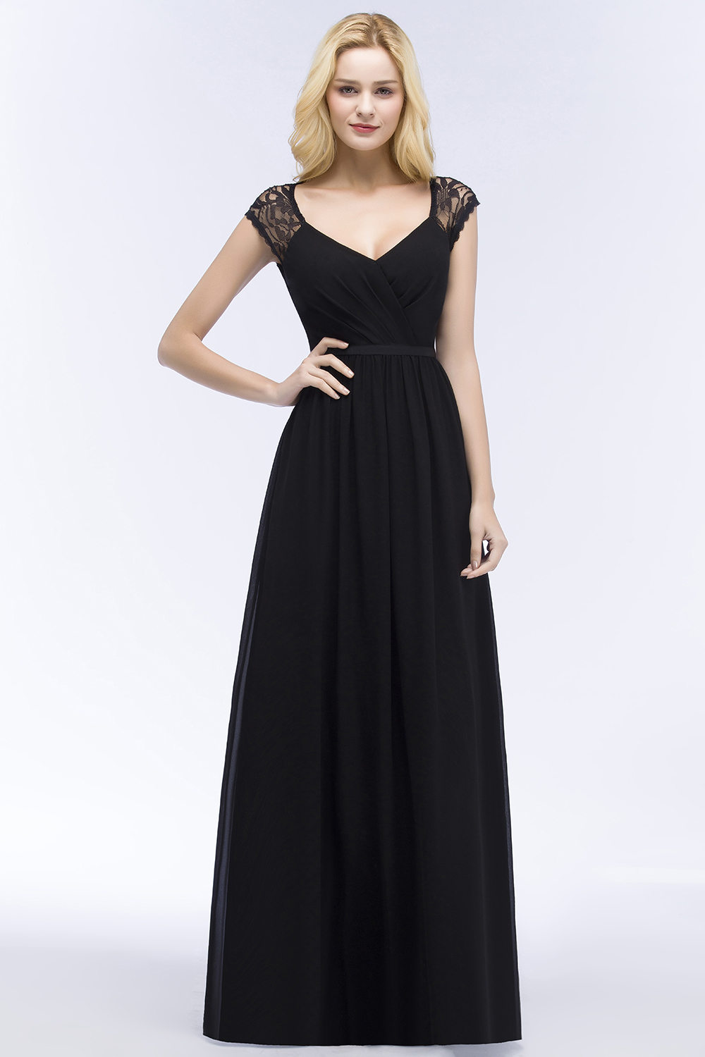 ROSALIA | A-line V-neck Floor Length Lace Chiffon Bridesmaid Dresses with Sash-newarrivaldress