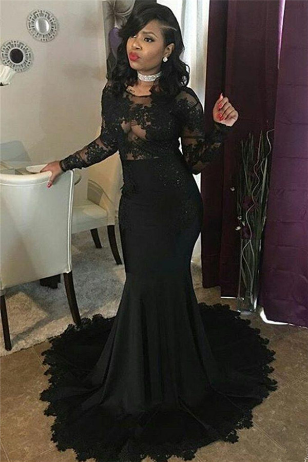 Long Black Lace Tulle Prom Dresses | Mermaid Long Sleeve Formal Gowns FB0277-newarrivaldress