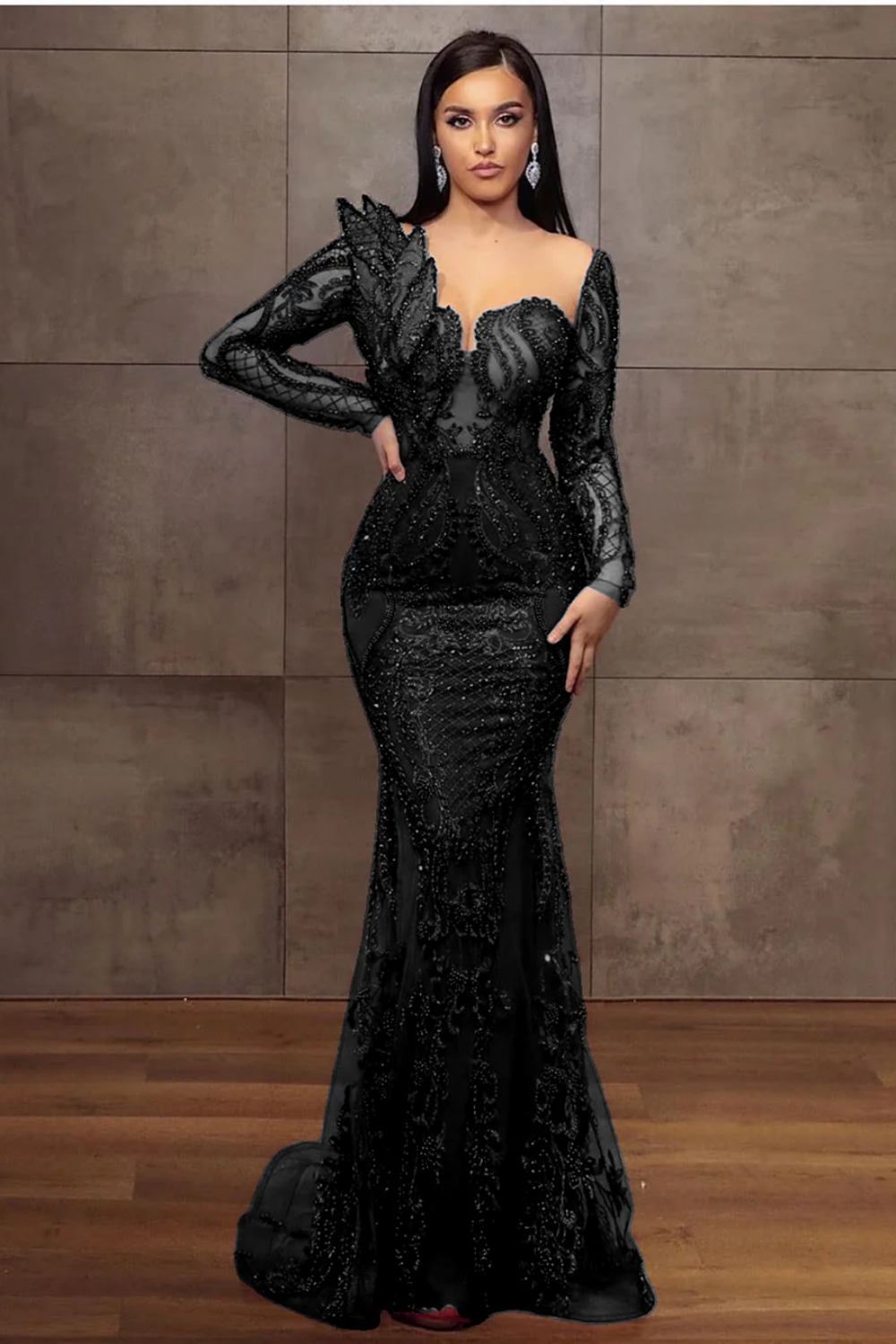 Charming Glitter Burgundy Long Sleeves Mermaid Prom Dress Beadings Evening Dress-newarrivaldress