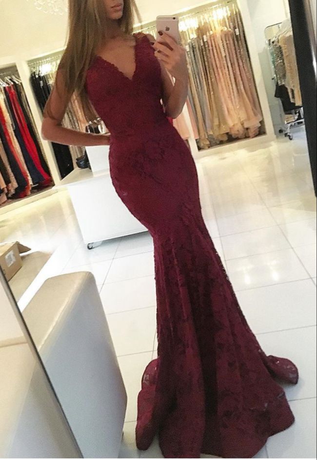 Mermaid Lace Sweep-Train Newest V-neck Sleeveless Prom Dress-newarrivaldress