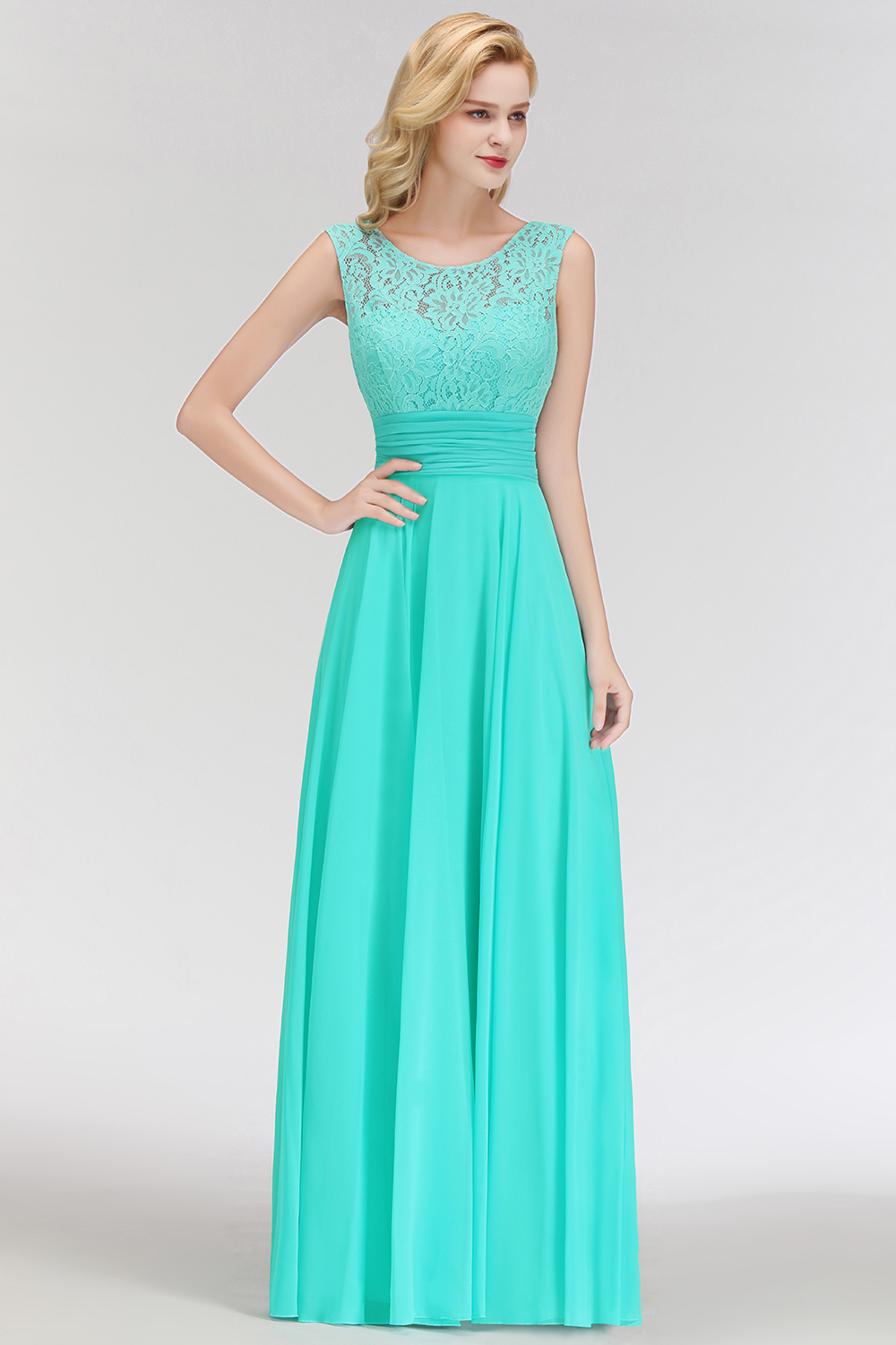 MACY | A-line Floor Length Lace Top Sleeveless Chiffon Bridesmaid Dresses-newarrivaldress