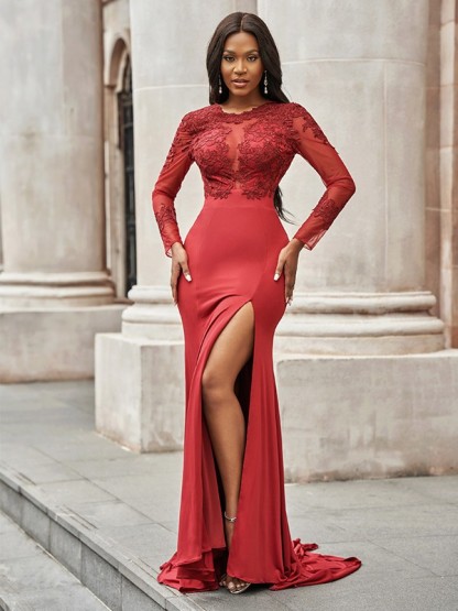 Charming Red Mermad Side Slit Evening Dress with Sleeves Floral Lace Appliques-newarrivaldress