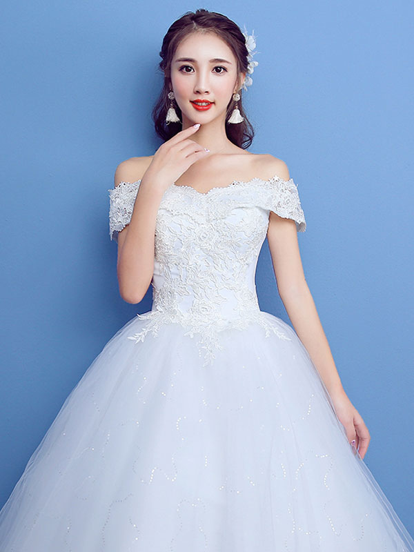 Ball Gown Wedding Dress Princess Silhouette Floor-Length Bateau Neck Short Sleeves Applique Tulle Bridal Gowns-newarrivaldress