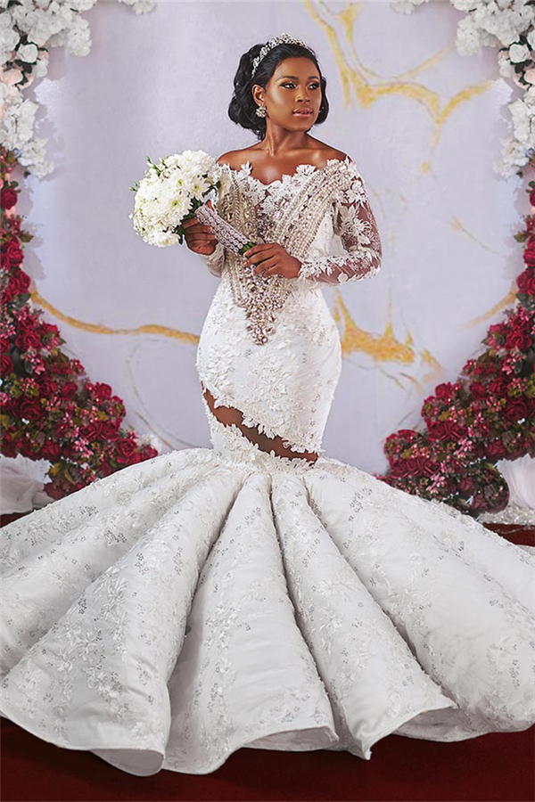 Luxurious Off-the-shoulder Long Sleeves Mermaid Ruffles Appliqued Bead   newarrivaldress