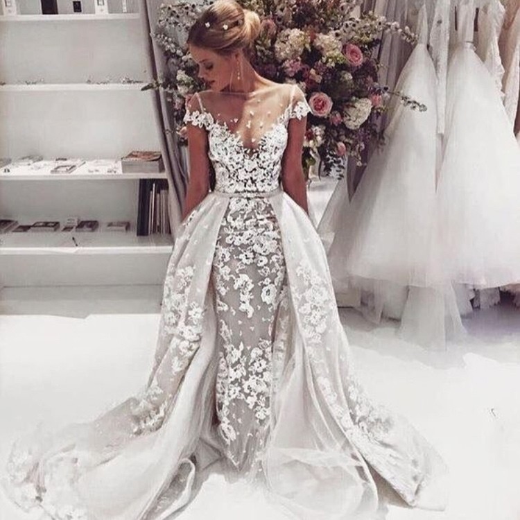 Overskirt Cap Sleeves Popular Illusion Appliques Open Back Lace Wedding Dresses-newarrivaldress