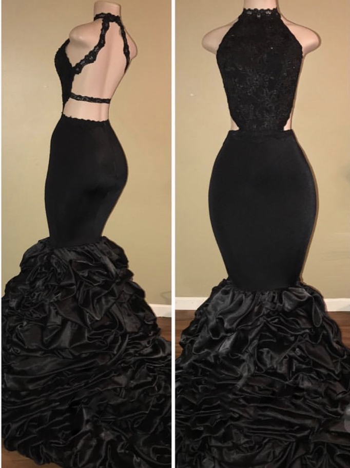 Halter High Neck Mermaid Pick-Up Black Evening Dresses-newarrivaldress