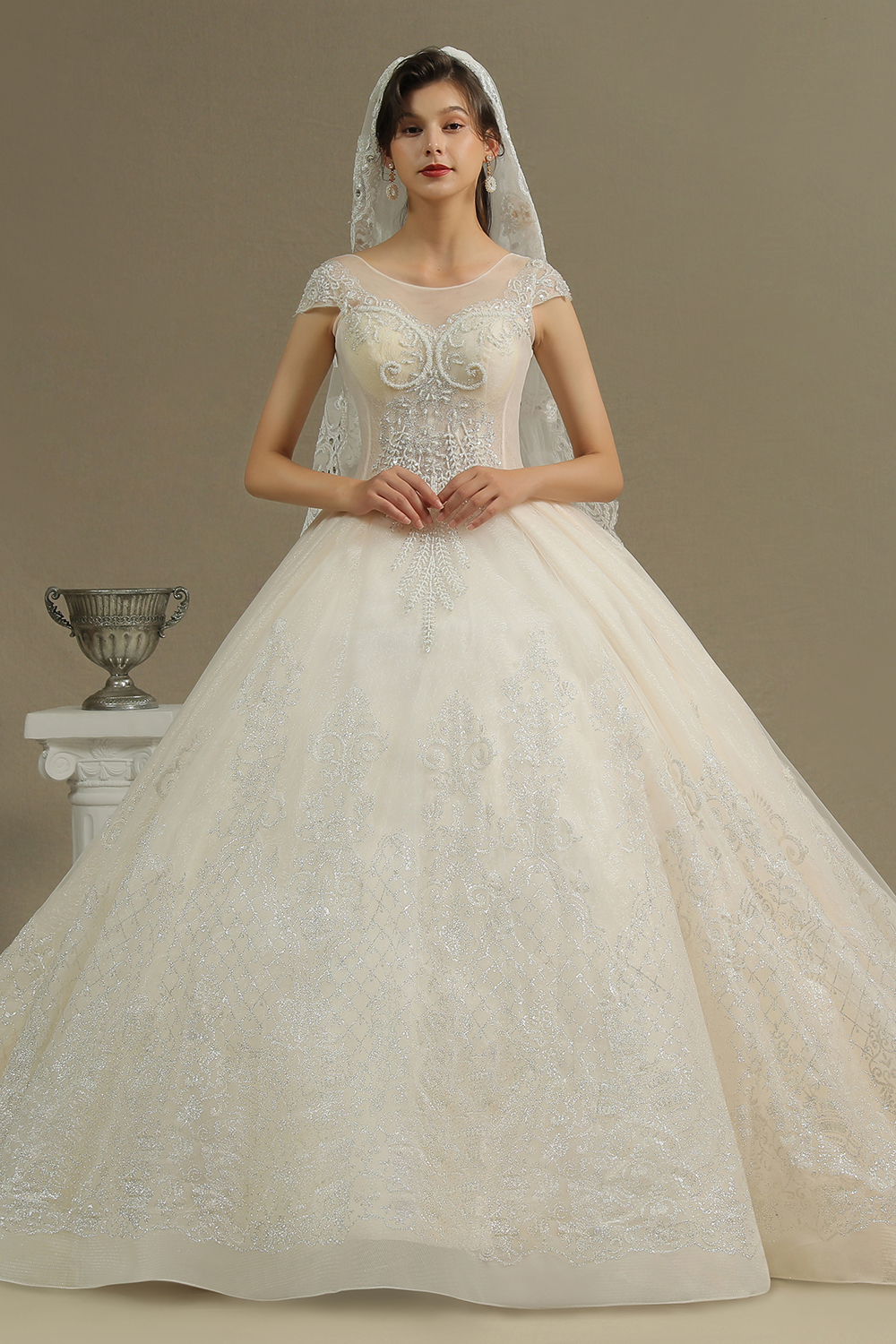 Stylish Cap Sleeves Aline Wedding Dress Tulle Lace Appliques Bridal Gown-newarrivaldress