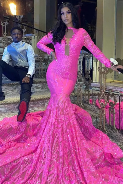 Long Sleeves Deep V-Neck Mermaid Prom Dress Glitter Sequins Fuchsia Party Dress-newarrivaldress
