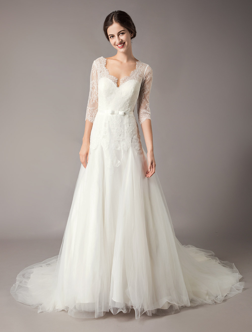 Wedding Dresses A Line Ivory V Neck Lace Tulle Half Sleeve Bridal Dress With Train-newarrivaldress
