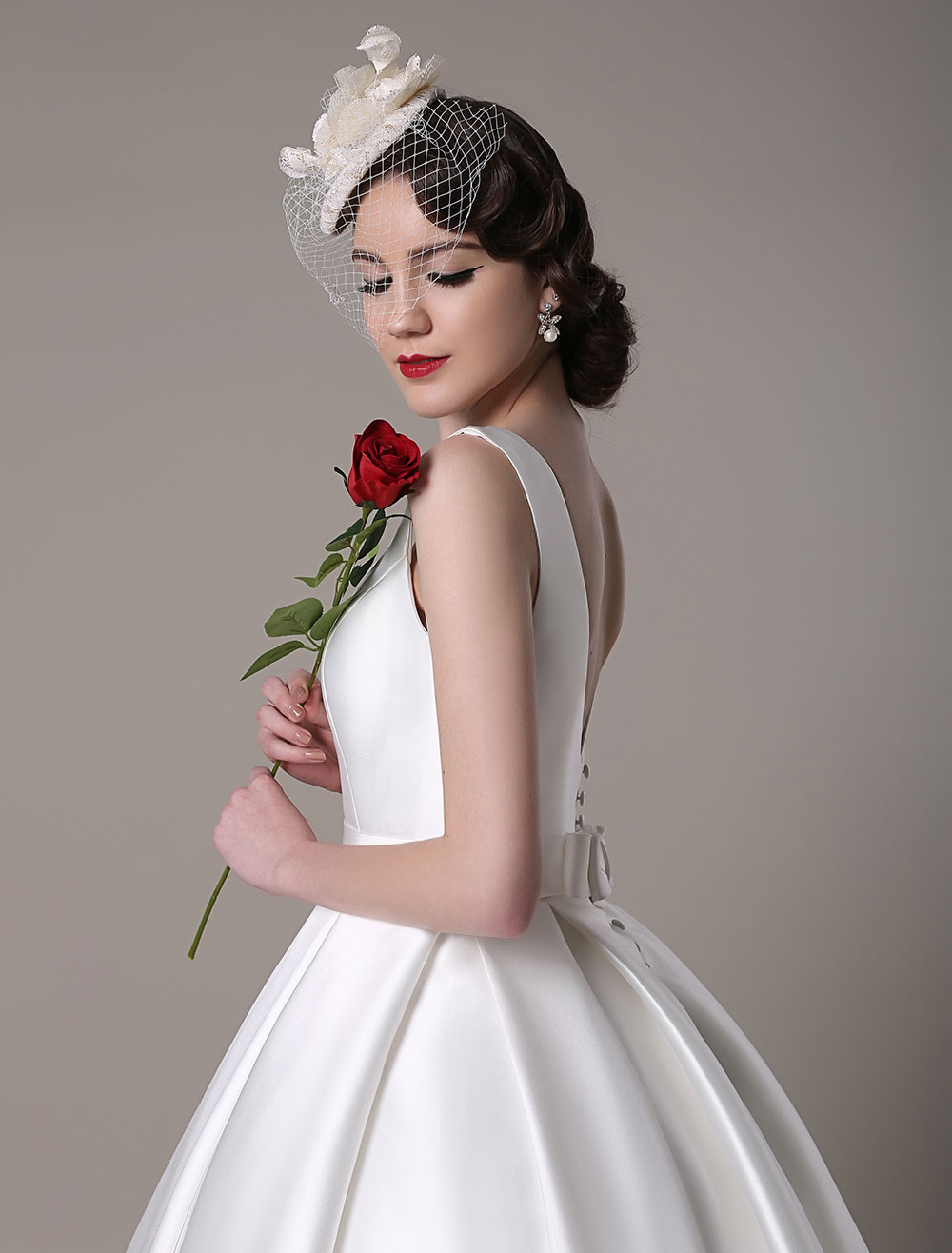 Ivory Wedding Dress Scoop Backless Knee Length Satin Wedding Gown Exclusive-newarrivaldress