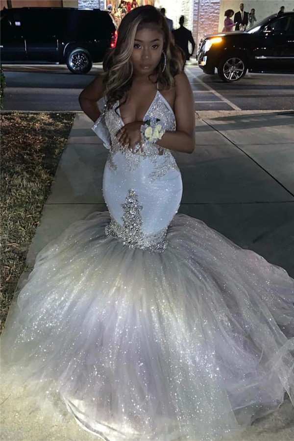 Silver Sparkling Sequins Prom Dresses Mermaid | Beads Appliques Spaghetti Straps Sexy Prom Gowns-newarrivaldress
