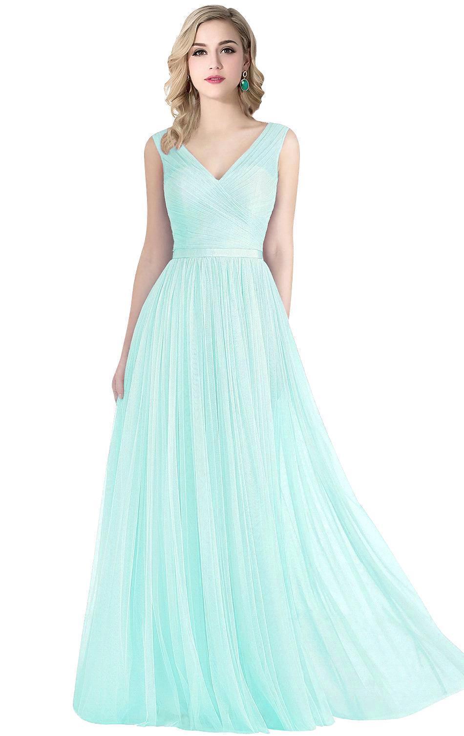 ELLIOT | A-line Sleeveless V-neck Floor-length Tulle Bridesmaid Dresses-newarrivaldress