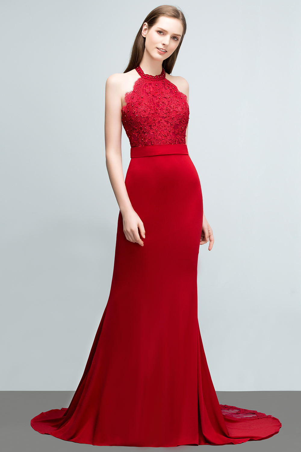 JOY | Mermaid Halter Floor Length Appliqued Beads Red Prom Dresses with Sash-newarrivaldress