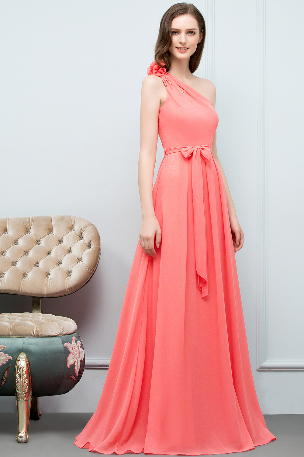 VALERIA | A-line One Shoulder Floor Length Chiffon Prom Dresses with Bow Sash-newarrivaldress