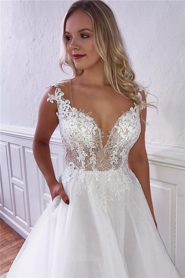Stunning Straps Appliques Bridal Gowns | See Through Backless Wedding Dresses Online