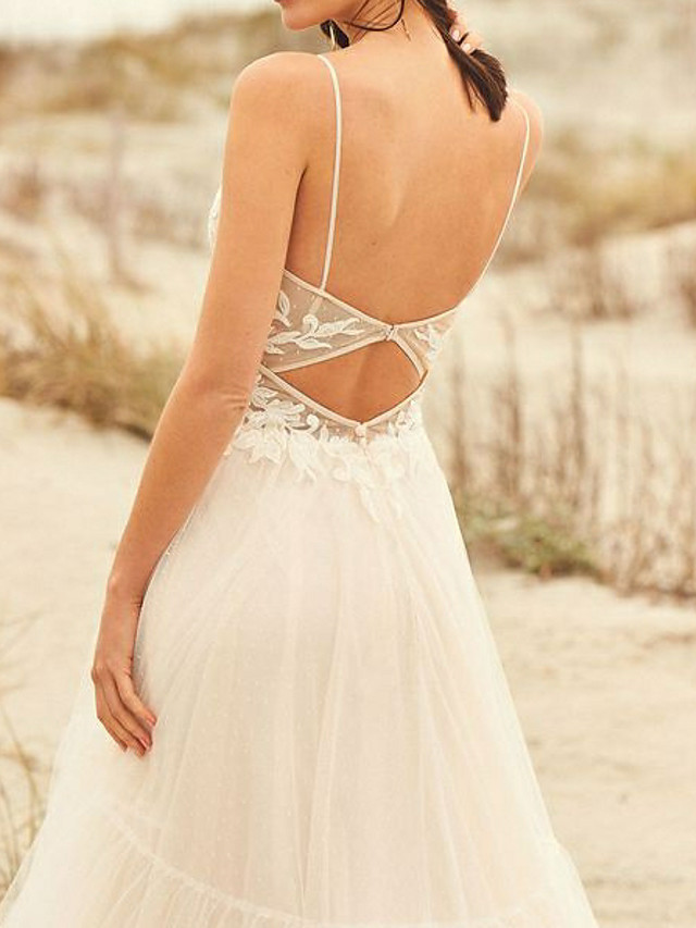 Stylish Spaghetti Straps Floral Lace Aline Simple Wedding Dress-newarrivaldress