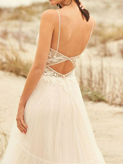 Stylish Spaghetti Straps Floral Lace Aline Simple Wedding Dress-newarrivaldress