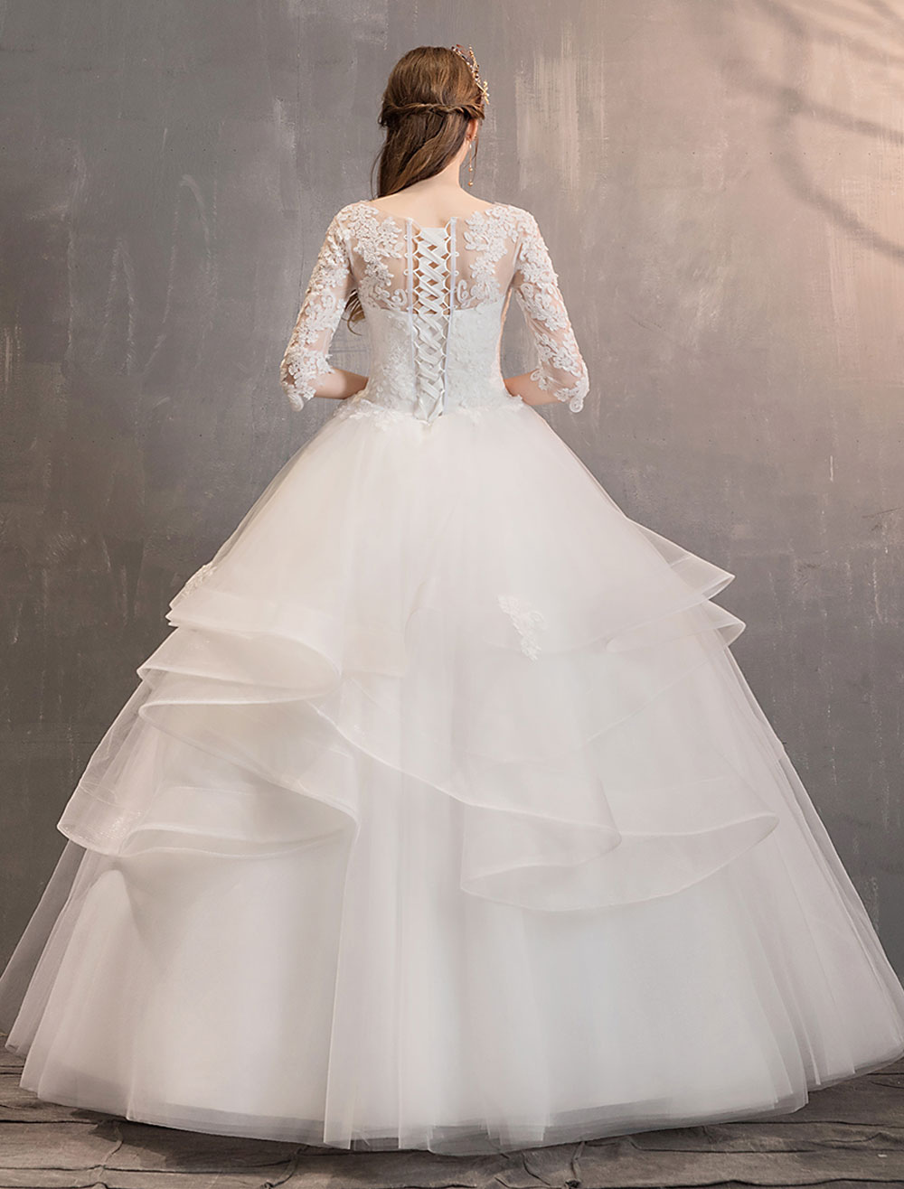 Ivory Wedding Dresses Tulle Illusion Neckline Half Sleeve Floor Length Princess Bridal Gown-newarrivaldress
