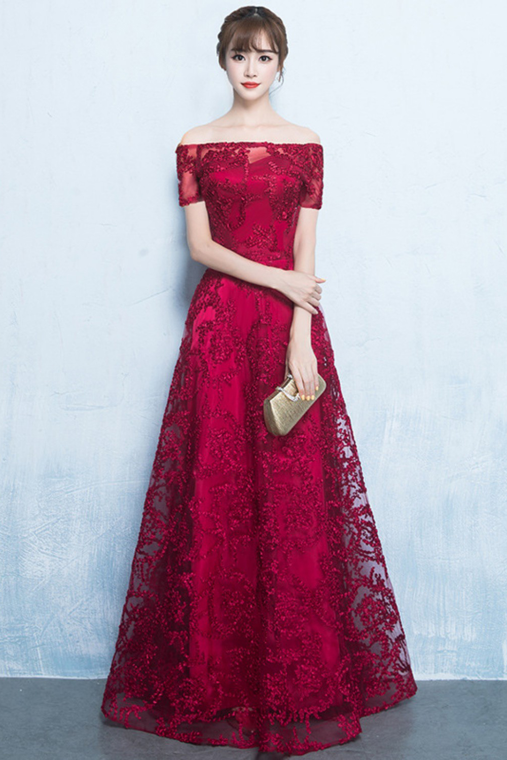 A-line Off-the-shoulder Short Sleeves Long Beading Appliques Prom/Formal Evening Dresses-newarrivaldress