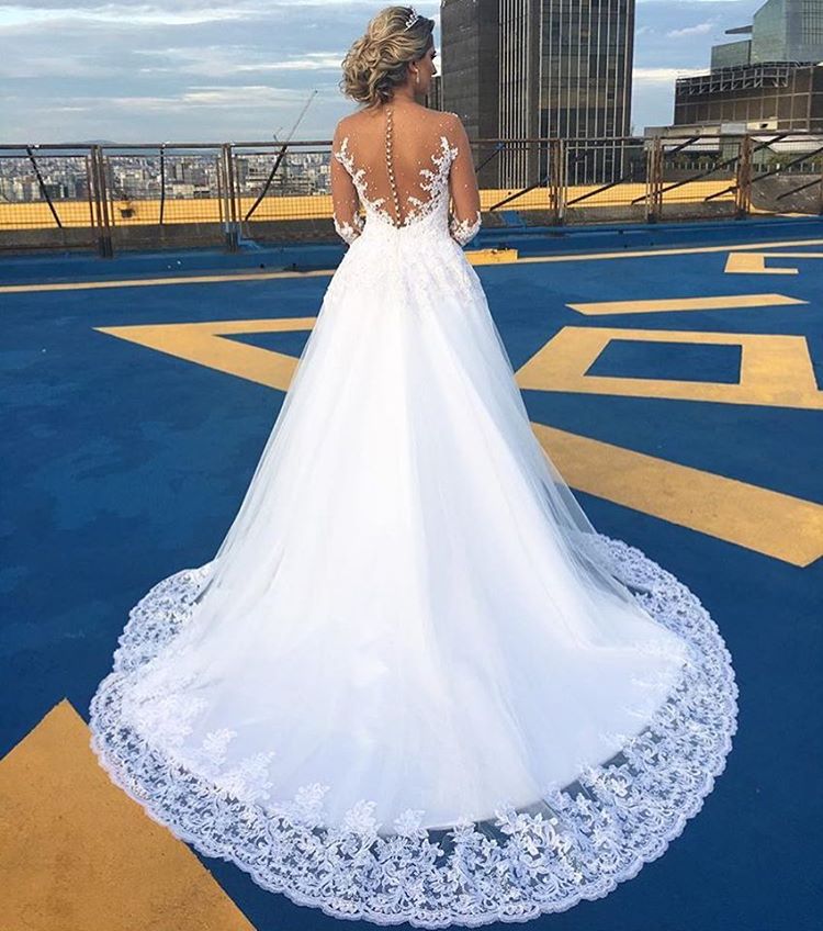 Gorgeous Lace Sweep Train Bridal Gown Long Sleeve Tulle Wedding Dresses BA6360-newarrivaldress