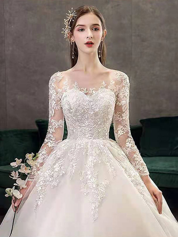 New Vintage Wedding Dresses Eric White Jewel Neck Long Sleeves Natural Waist Satin Fabric Cathedral Train Applique Traditional Dresses For Bride-newarrivaldress