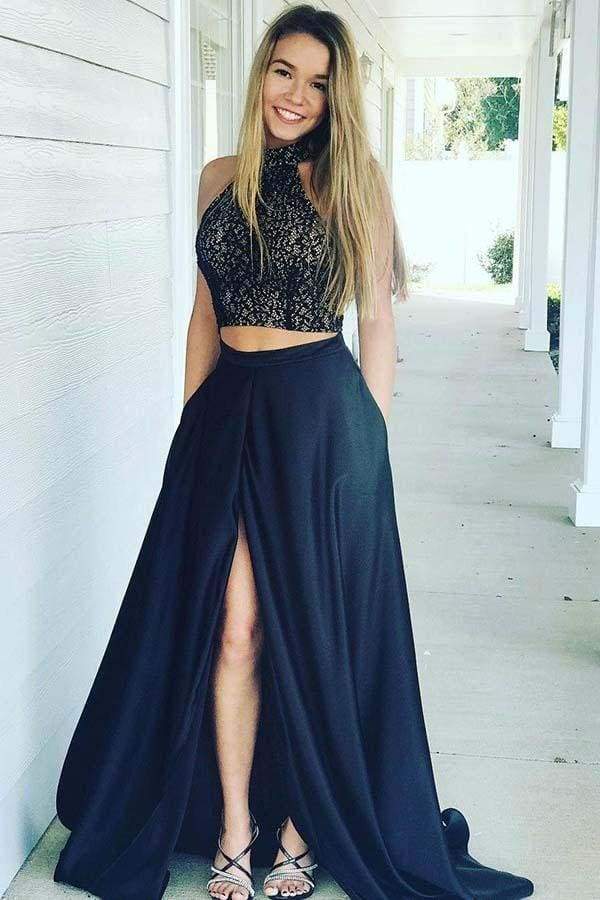 Navy Blue High Neck Prom Dress with Slit Two Piece Sleeveless Formal Dresses-newarrivaldress