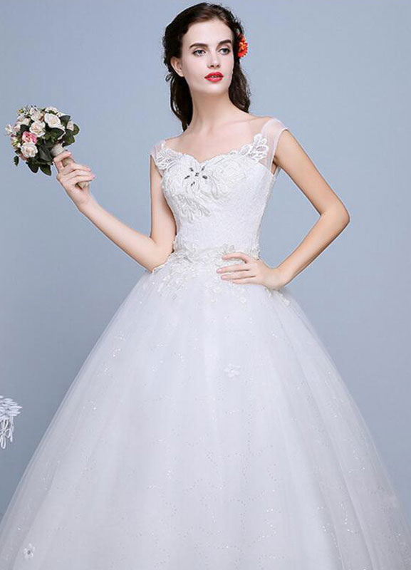 Ivory Wedding Dress Lace Sleeveless V Neck Rhinestones Beaded A-Line Floor Length Bridal Gown-newarrivaldress