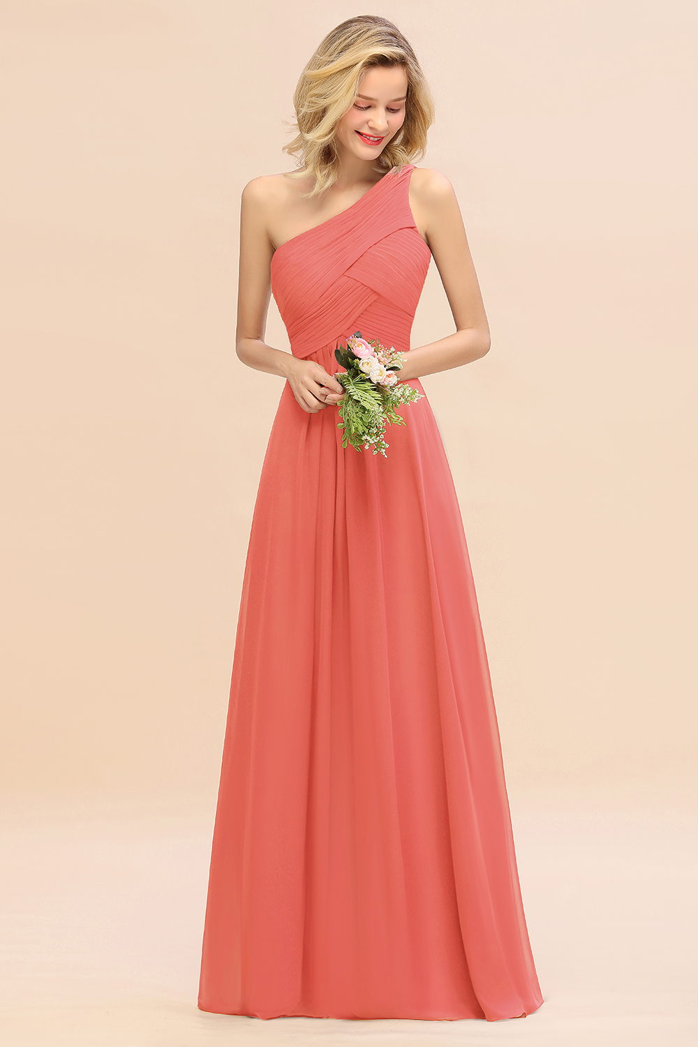 Elegant Ruched Chiffon One Shoulder Bridesmaid Dress Long Sleeveless Evening Dress-newarrivaldress