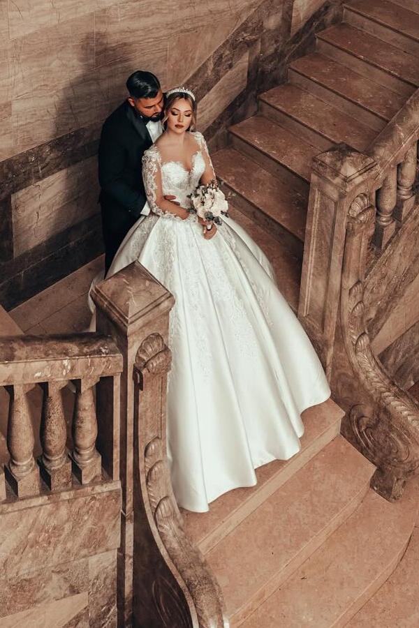 Gorgeous Long Sleeves A-line Wedding Dress Satin Lace Ball Gown with Appliques-newarrivaldress