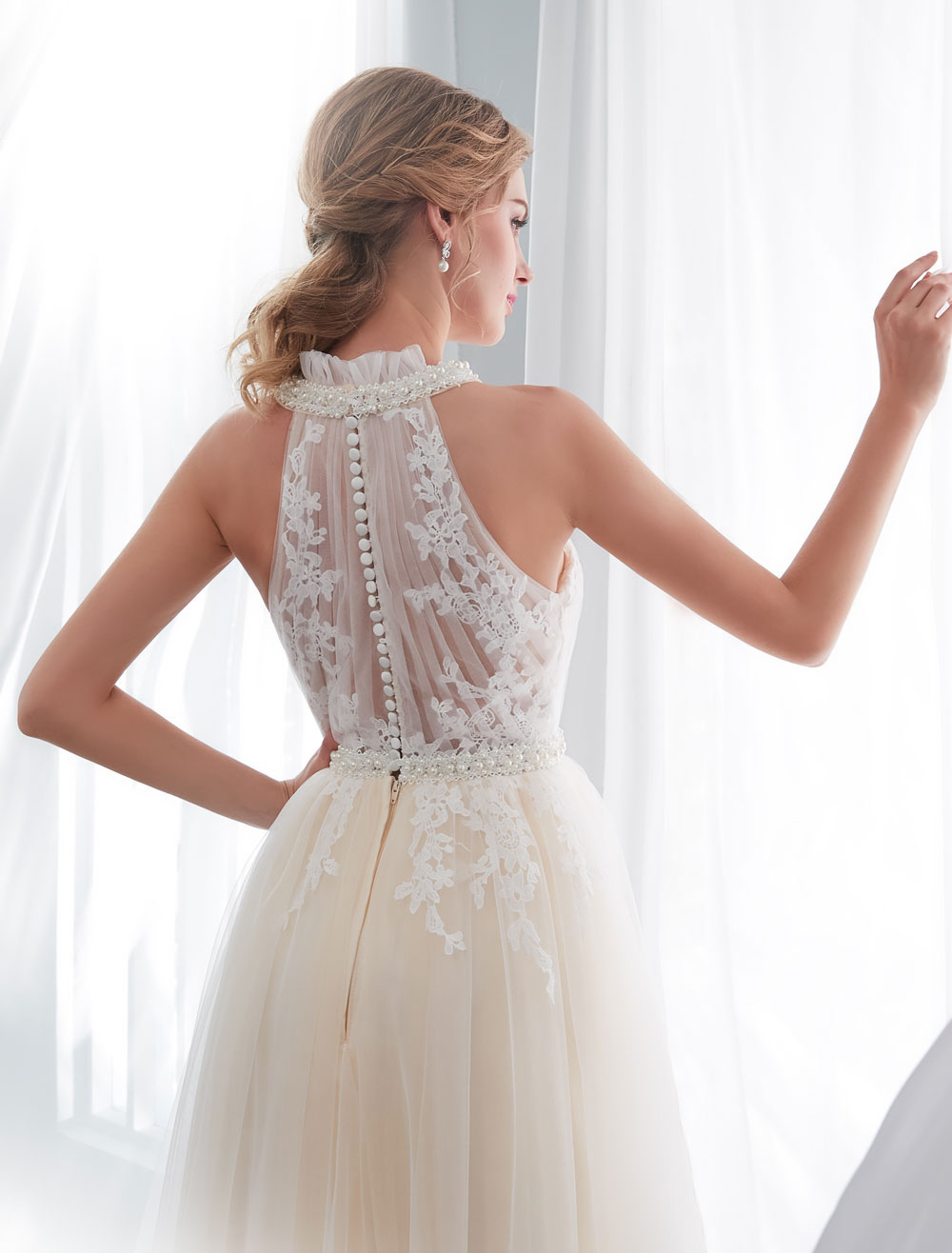 Beach Wedding Dresses Halter Champagne Lace Tulle Beaded Flowers Bridal Gowns With Train-newarrivaldress