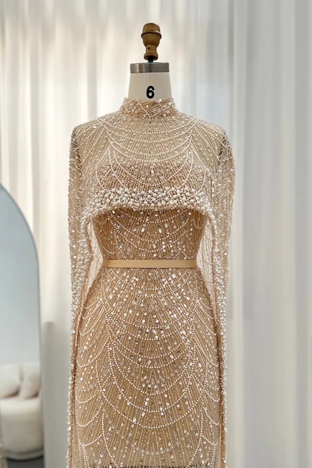 Luxury Sequins Dubai Mermaid Evening Dress with Cape Glitter Pearls Floor Length Party Dress-newarrivaldress