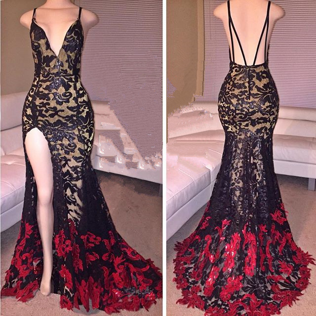 Side Slit Black Mermaid Spaghetti Straps Lace Red Long Prom Dresses-newarrivaldress