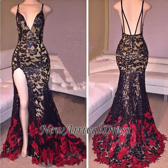 Side Slit Black Mermaid Spaghetti Straps Lace Red Long Prom Dresses-newarrivaldress