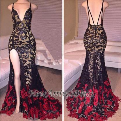 Side Slit Black Mermaid Spaghetti Straps Lace Red Long Prom Dresses-newarrivaldress