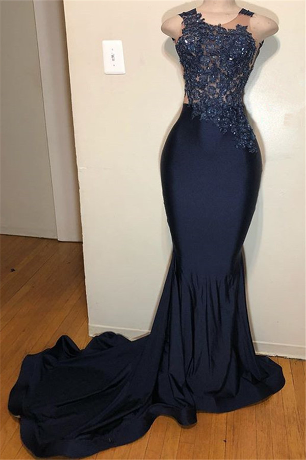Dark Blue Straps Sleeveless Appliques Mermaid Prom Dresses-newarrivaldress
