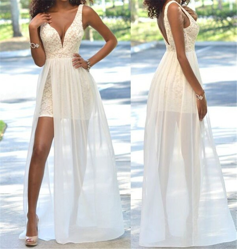 Lace Deep-V-Neck Sheath Open-Back Sleeveless Sexy Prom Dress-newarrivaldress