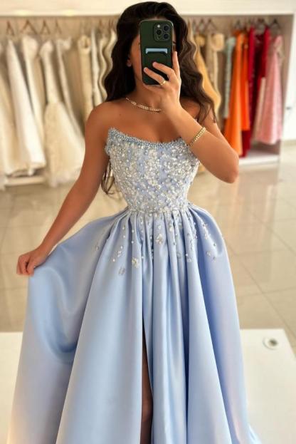 Strapless Satin Long Evening Dress Pearls Floor Length Aline Prom Dress-newarrivaldress