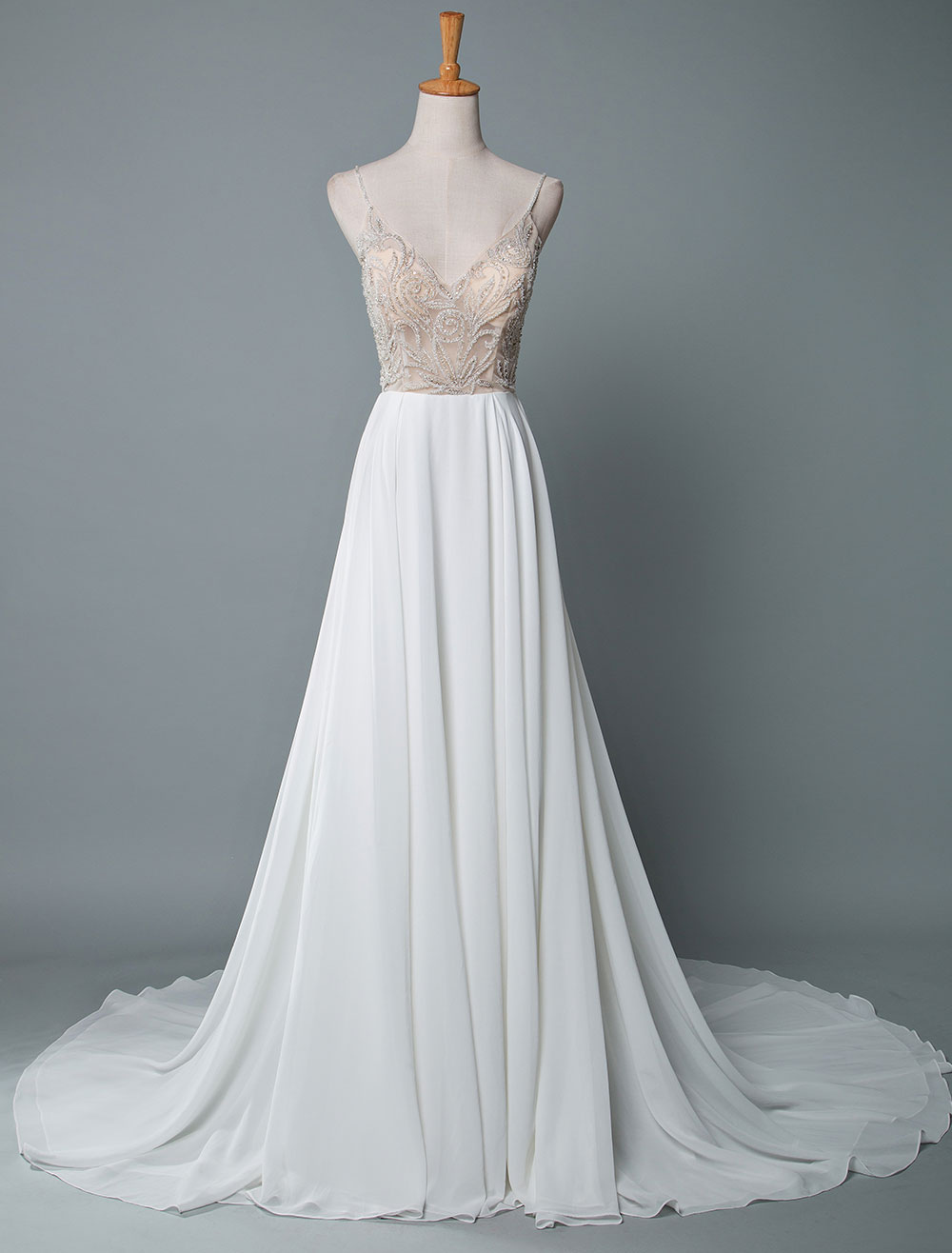 Simple Wedding Dress A Line V Neck Sleeveless Embroidered Chiffon Bridal Dresses With Train-newarrivaldress