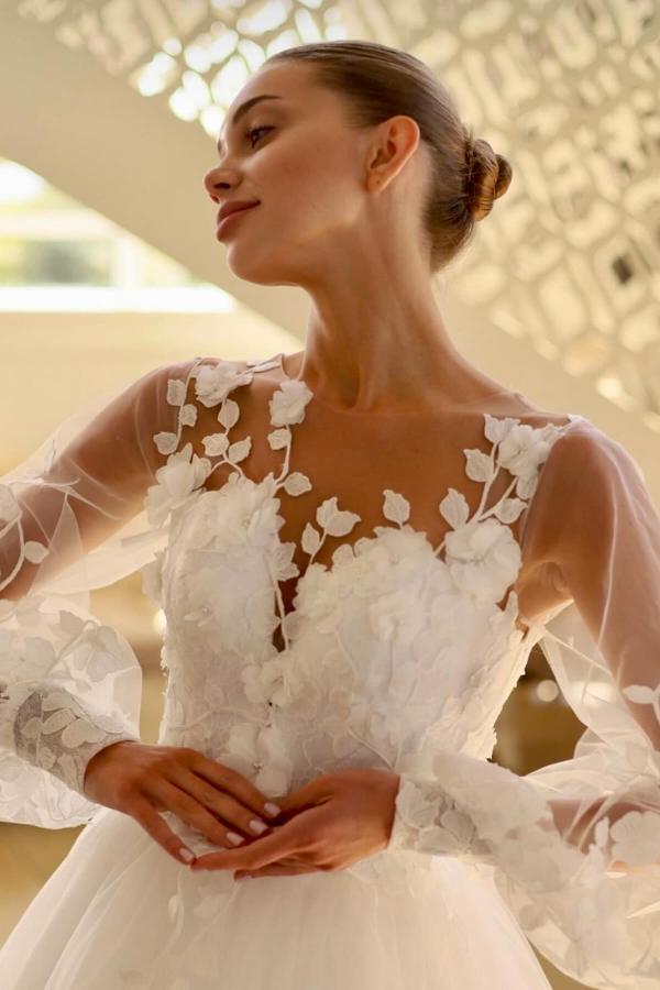 Chic Long Puffy Sleeves Tulle Lace A-line Wedding Dress with Appliques-newarrivaldress