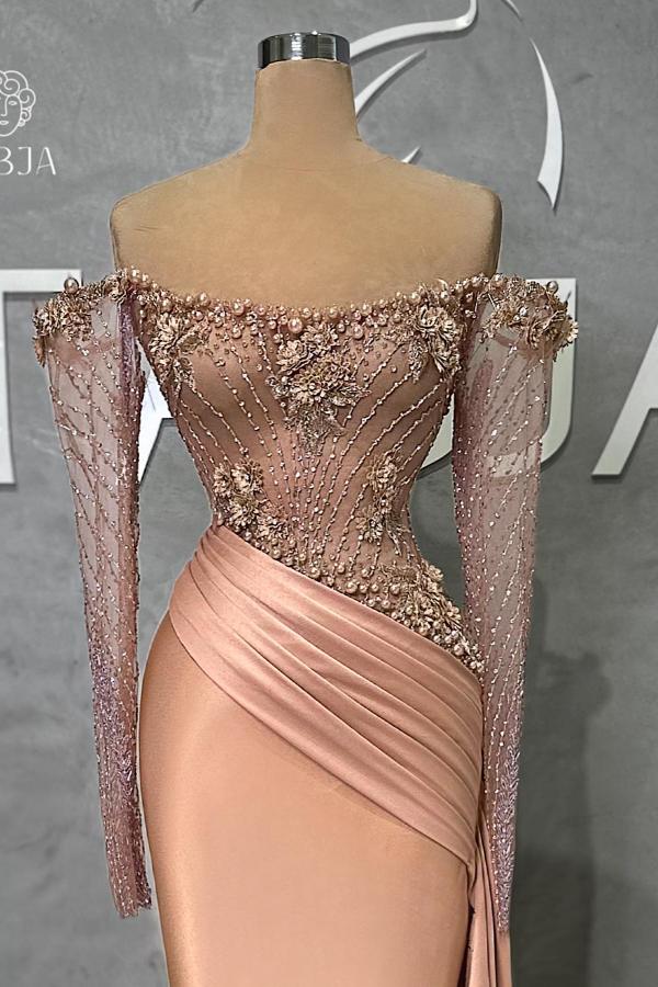 Chic Off Shoulder Beadings Sheath Long Prom Dress with Pearls Ruched Satin Evening Gown-newarrivaldress