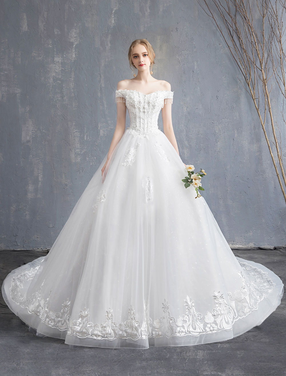 Princess Wedding Dresses Ball Gown Lace Beaded Chains Off The Shoulder Bridal Dress-newarrivaldress
