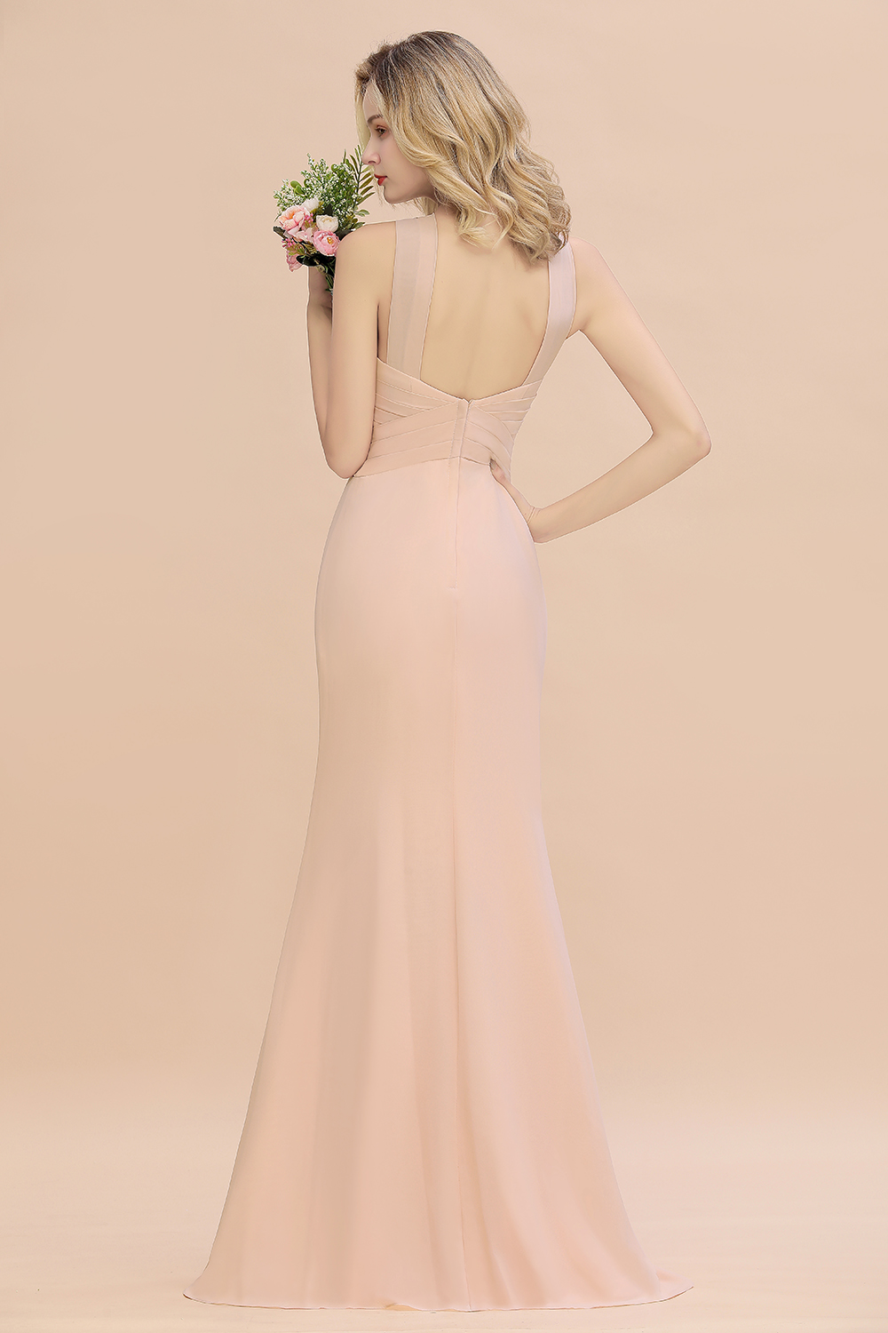 Chic Keyhole Champagne Chiffon Mermaid Long Bridesmaid Dresses-newarrivaldress