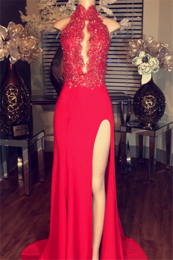 Chiffon High Neck Lace Appliques Red Prom Dresses | Side Split Sleeveless Evening Gowns BA5081-newarrivaldress