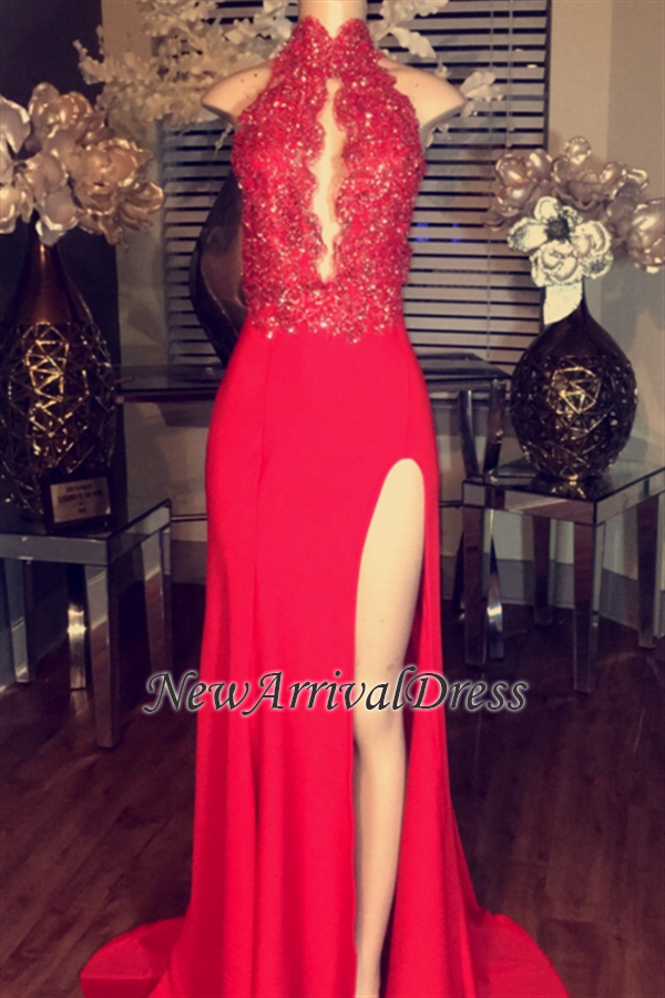 Chiffon High Neck Lace Appliques Red Prom Dresses | Side Split Sleeveless Evening Gowns BA5081-newarrivaldress