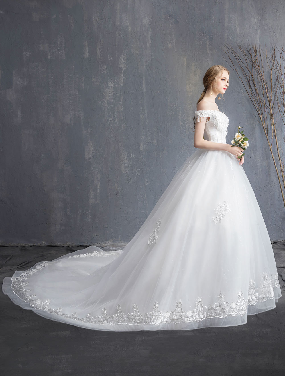 Princess Wedding Dresses Ball Gown Lace Beaded Chains Off The Shoulder Bridal Dress-newarrivaldress