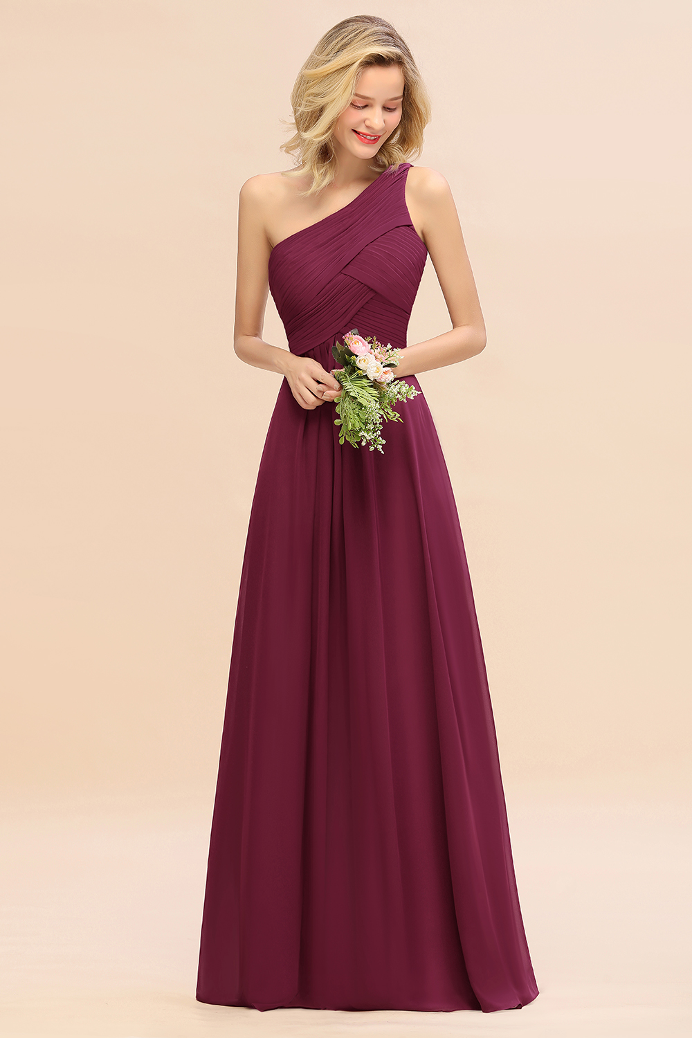 Elegant Ruched Chiffon One Shoulder Bridesmaid Dress Long Sleeveless Evening Dress-newarrivaldress