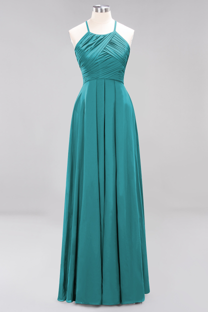 Halter Pleated Bridesmaid Dress Chiffon Sleeveless Floor Length Wedding Guest Dress-newarrivaldress